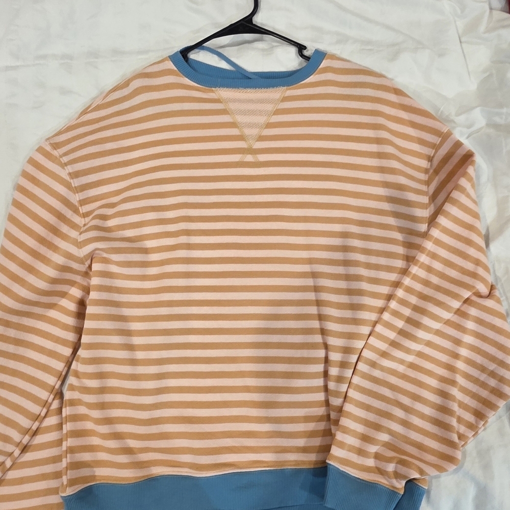 FP Movement by Free People Peach & White Striped Sweatshirt with Blue Trim
